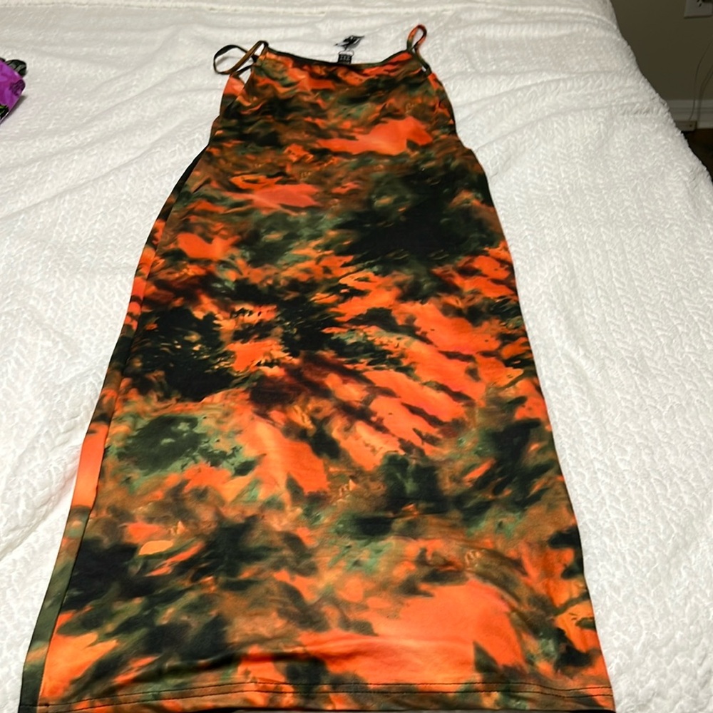 Long summer dress, orange, green and black